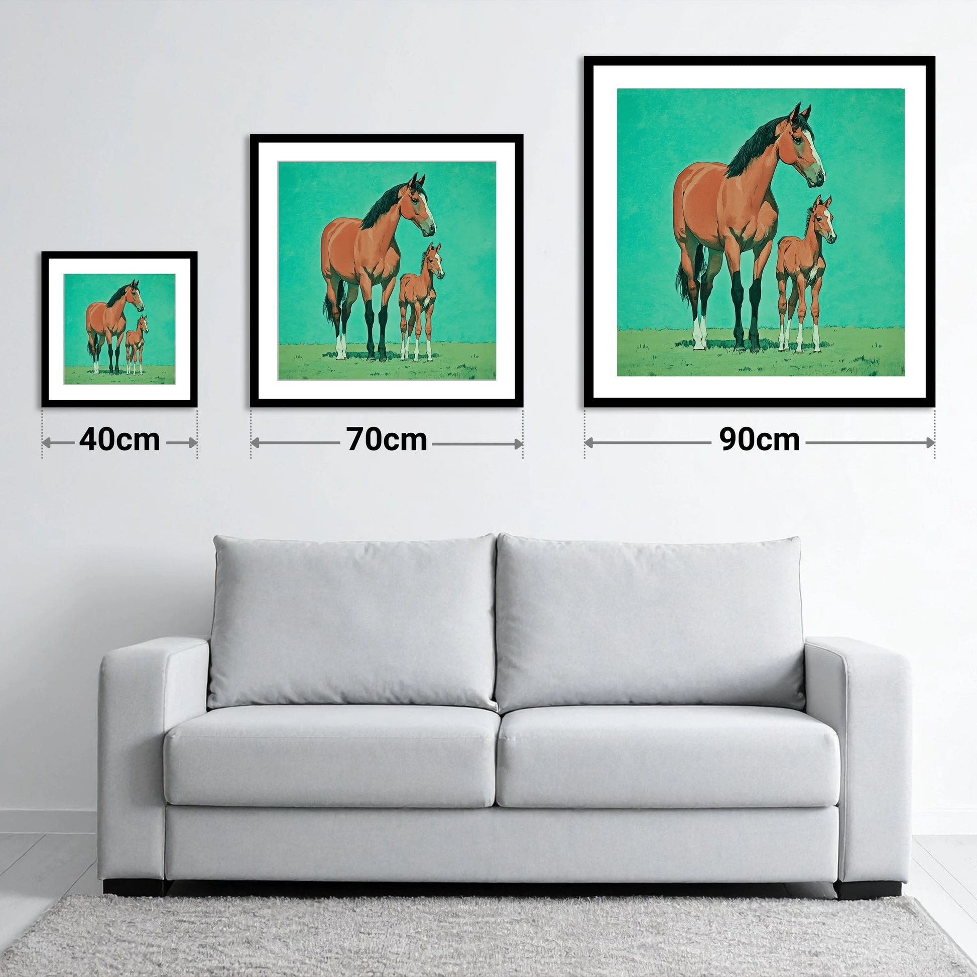 Striking Bay Bloodlines - size guide showing 40cm, 70cm and 90cm art prints