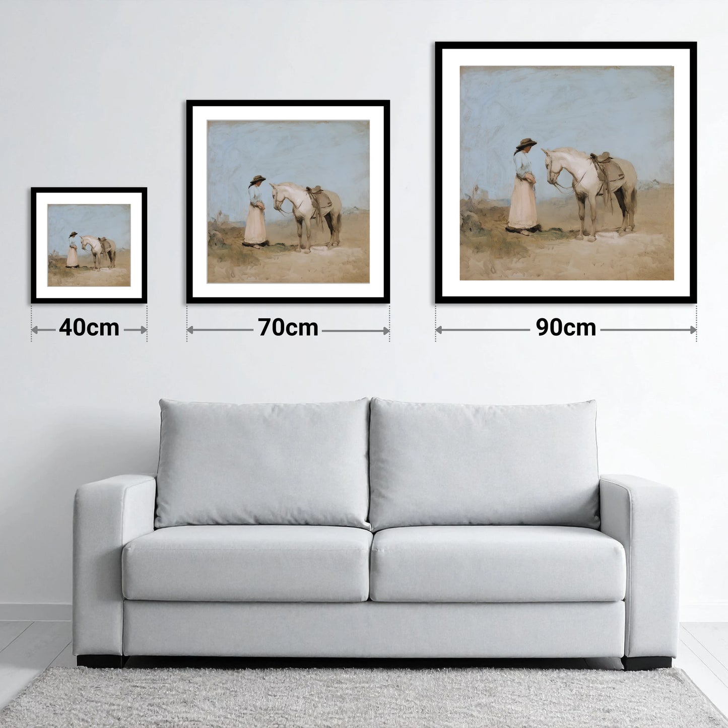 The Unspoken Bond - size guide showing 40cm, 70cm and 90cm art prints