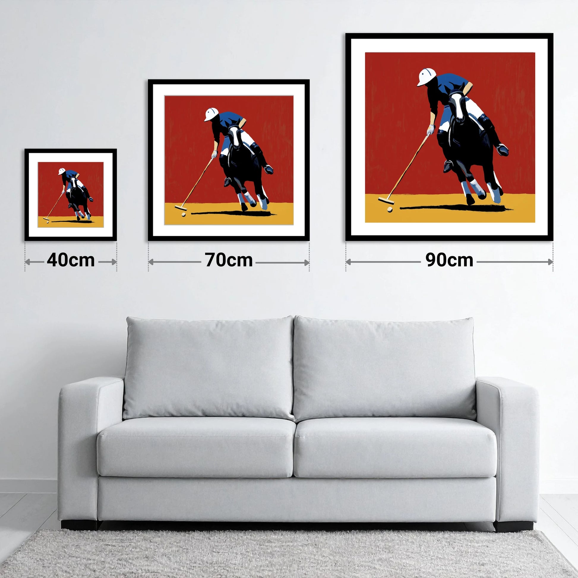 The Scarlet Pursuit - size guide showing 40cm, 70cm and 90cm art prints
