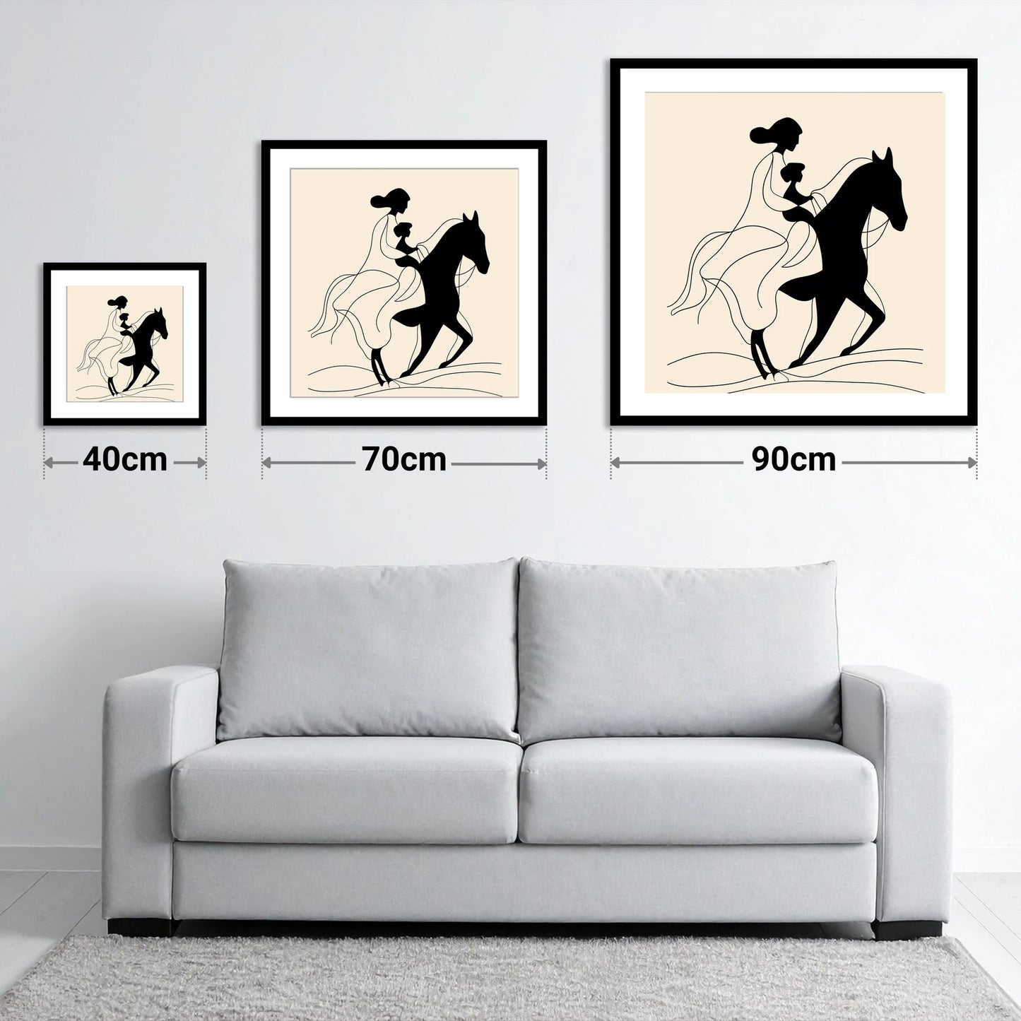 A Shared Journey - size guide showing 40cm, 70cm and 90cm art prints