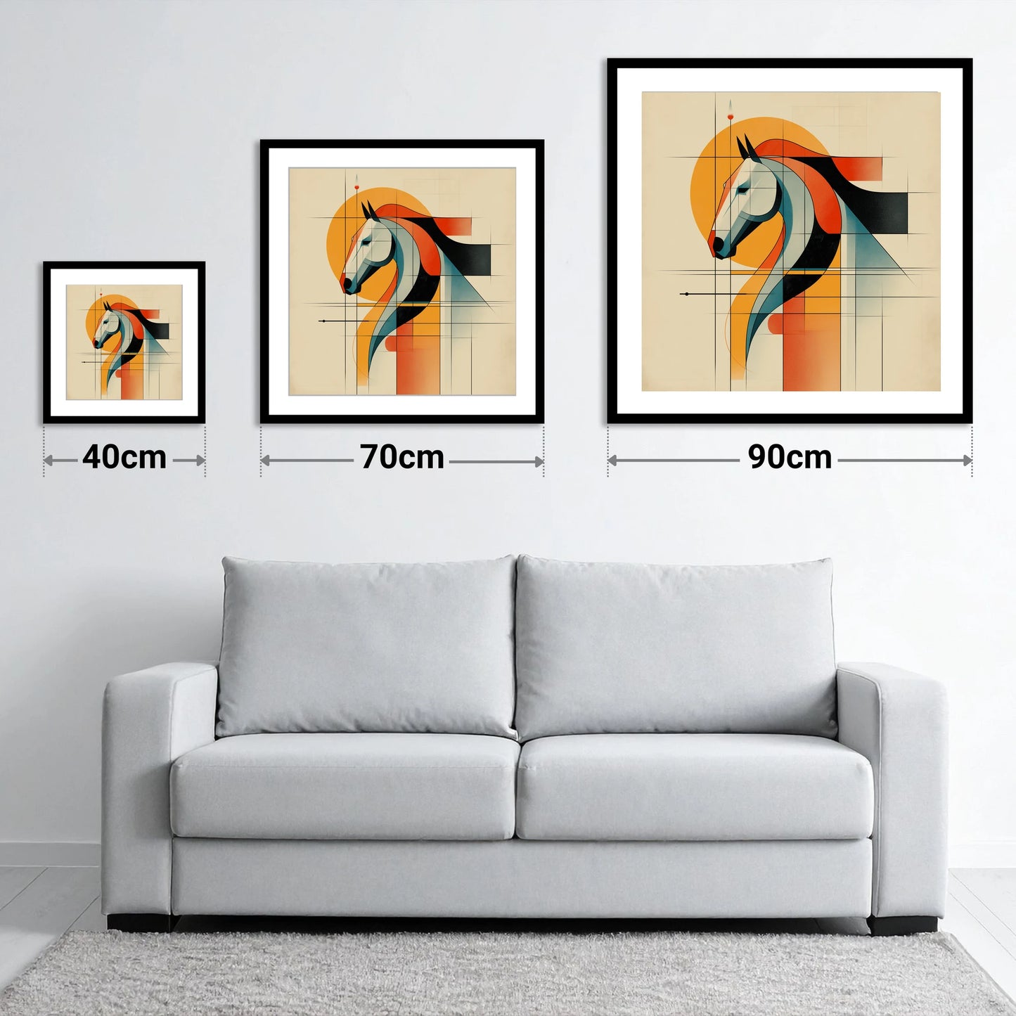 Structured Equine Harmony - size guide showing 40cm, 70cm and 90cm art prints