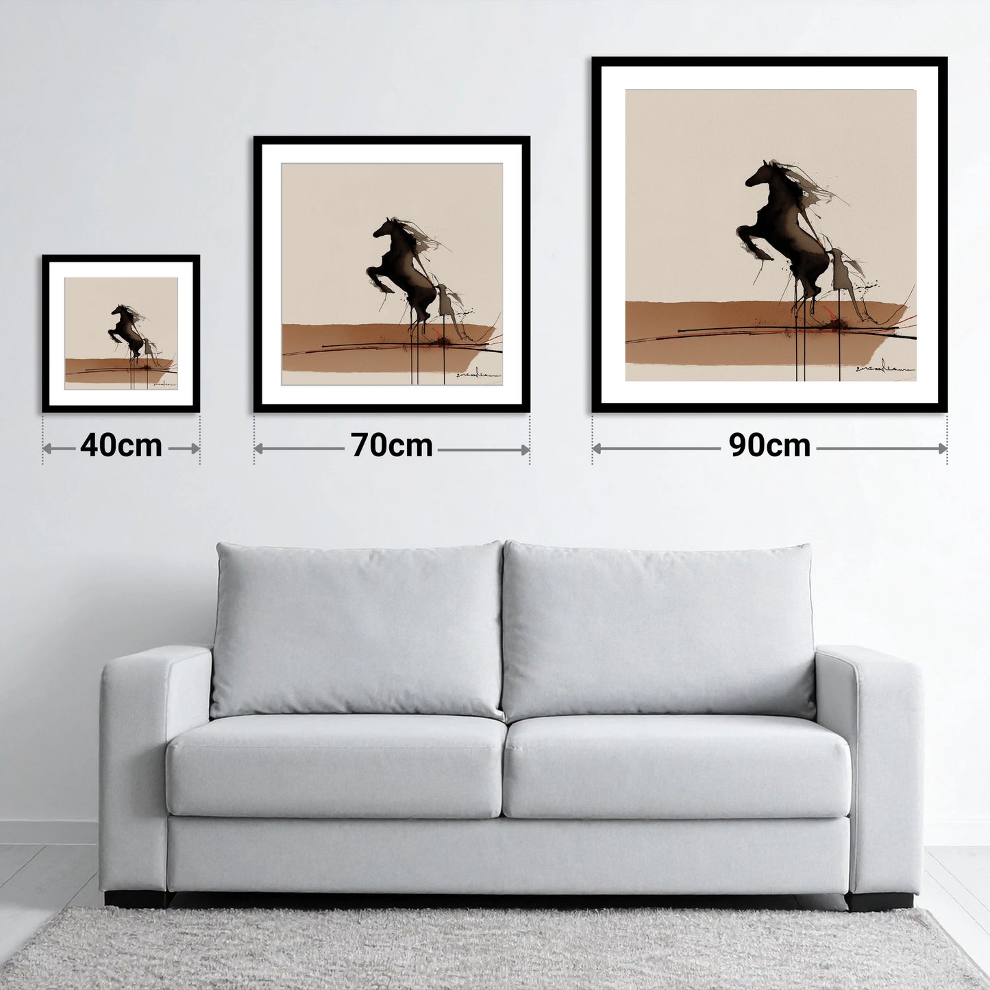 Untamed Dark Silhouette - size guide showing 40cm, 70cm and 90cm art prints