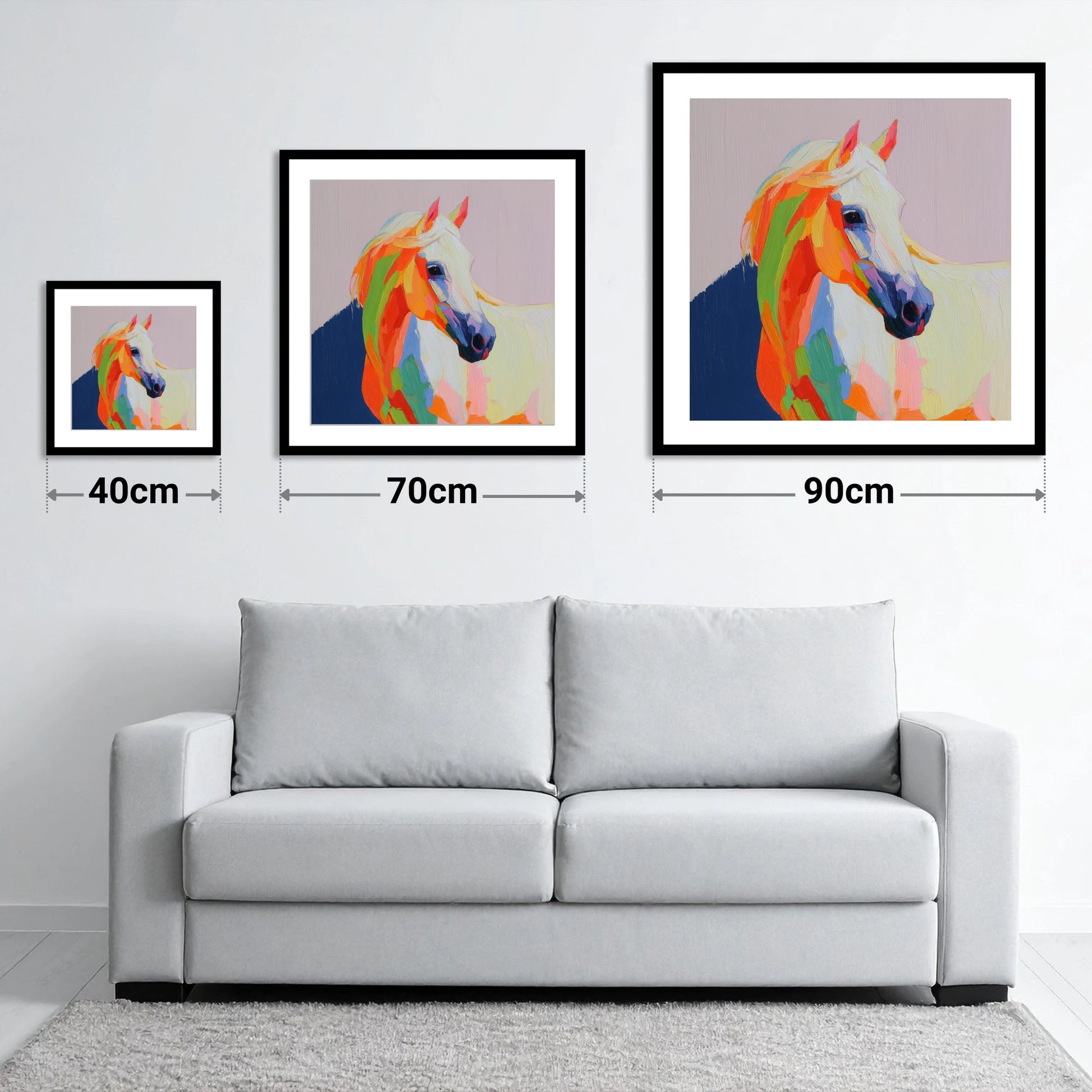Vivid Equine Profile - size guide showing 40cm, 70cm and 90cm art prints