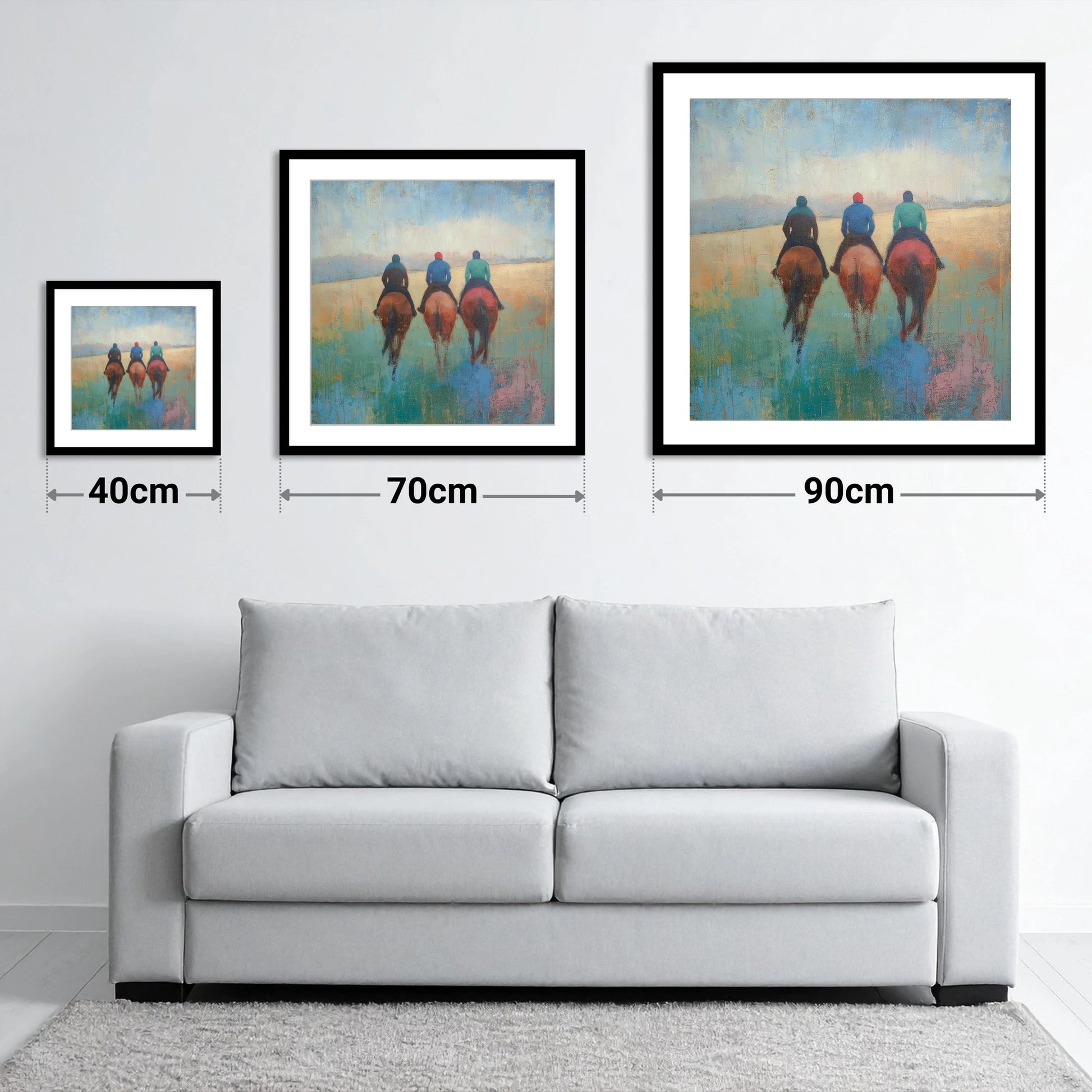 The Morning String - size guide showing 40cm, 70cm and 90cm art prints