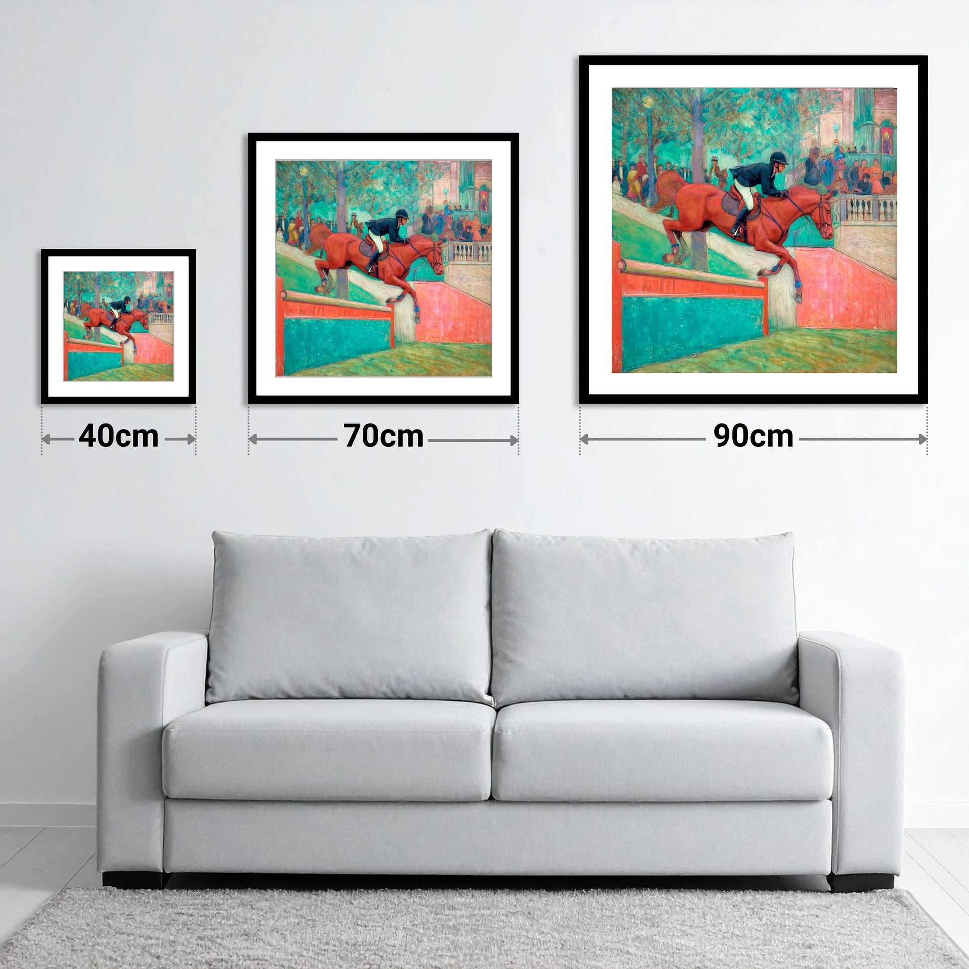 The Emerald Leap - size guide showing 40cm, 70cm and 90cm art prints