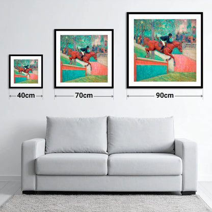 The Emerald Leap - size guide showing 40cm, 70cm and 90cm art prints