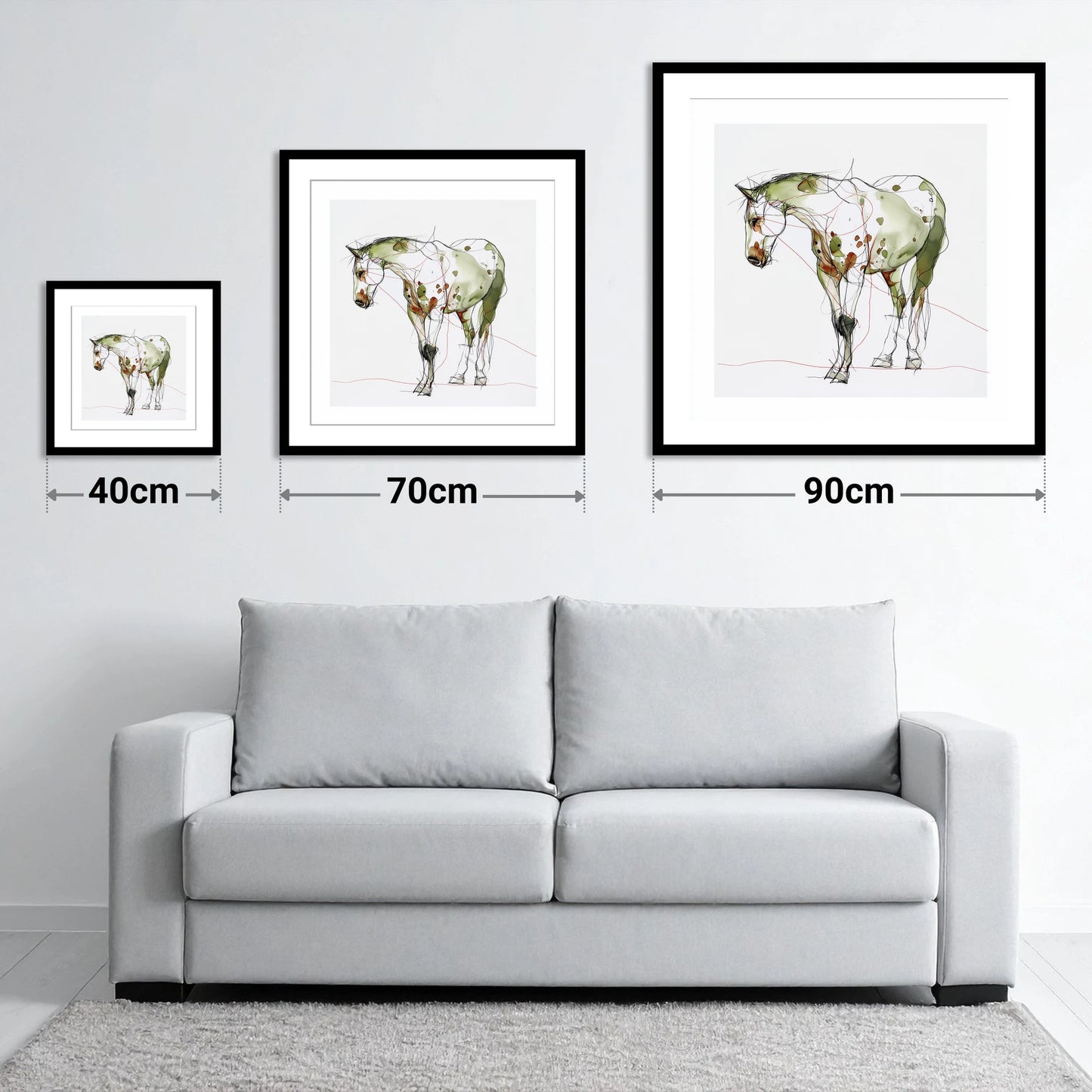 Earthy Appaloosa Contour - size guide showing 40cm, 70cm and 90cm art prints