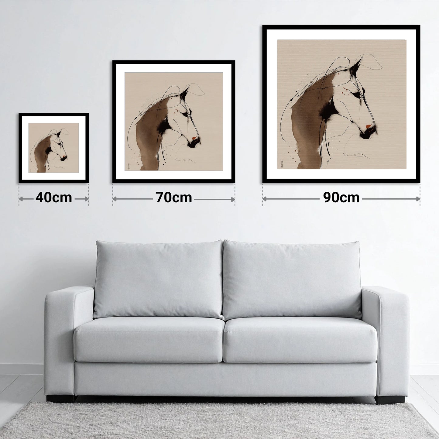 Fluid Sepia Profile - size guide showing 40cm, 70cm and 90cm art prints