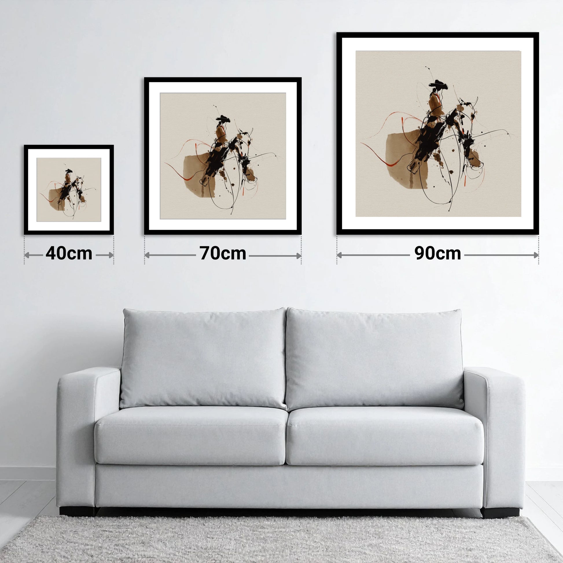Frontier Rhythm - size guide showing 40cm, 70cm and 90cm art prints