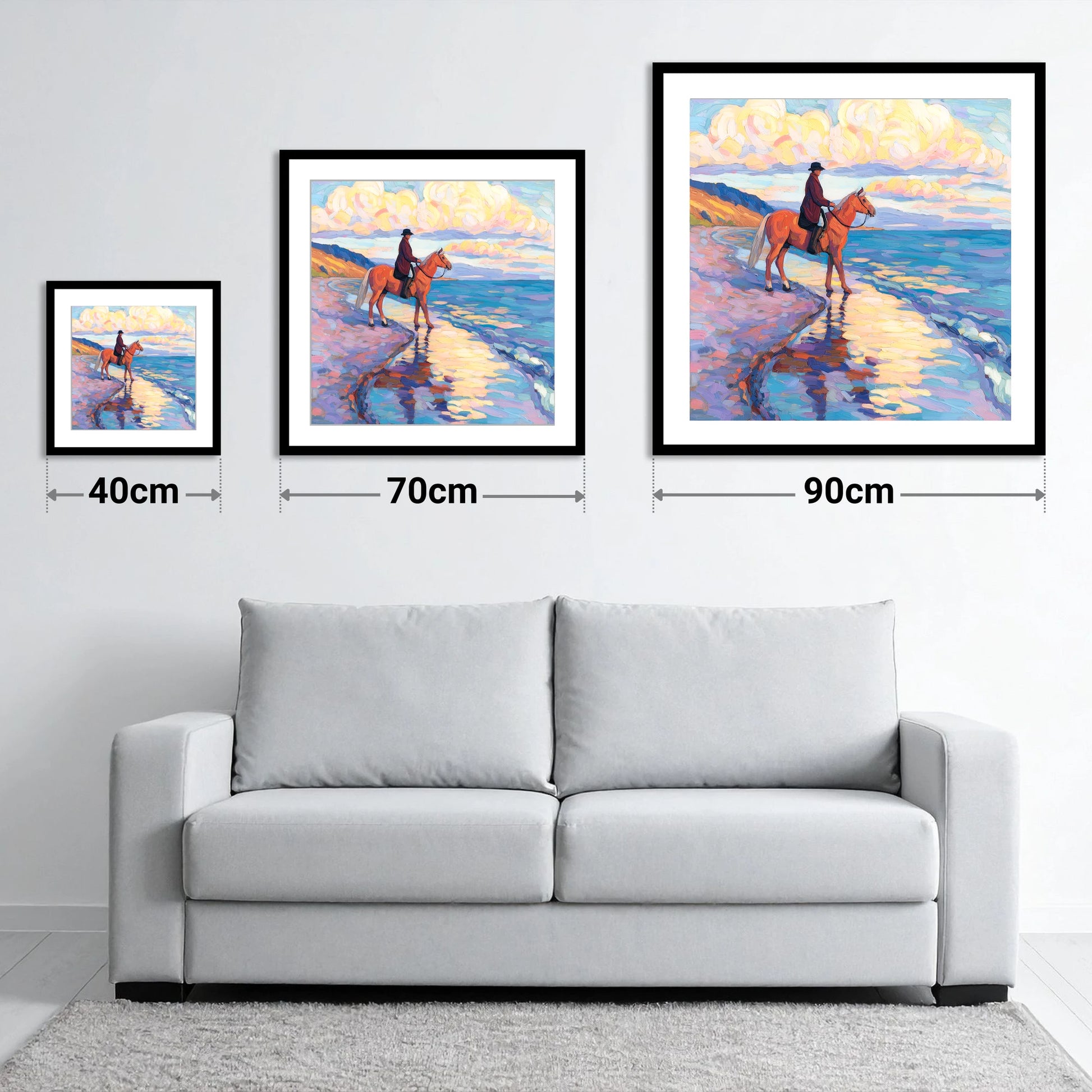 Sunset Coastal Reflections - size guide showing 40cm, 70cm and 90cm art prints