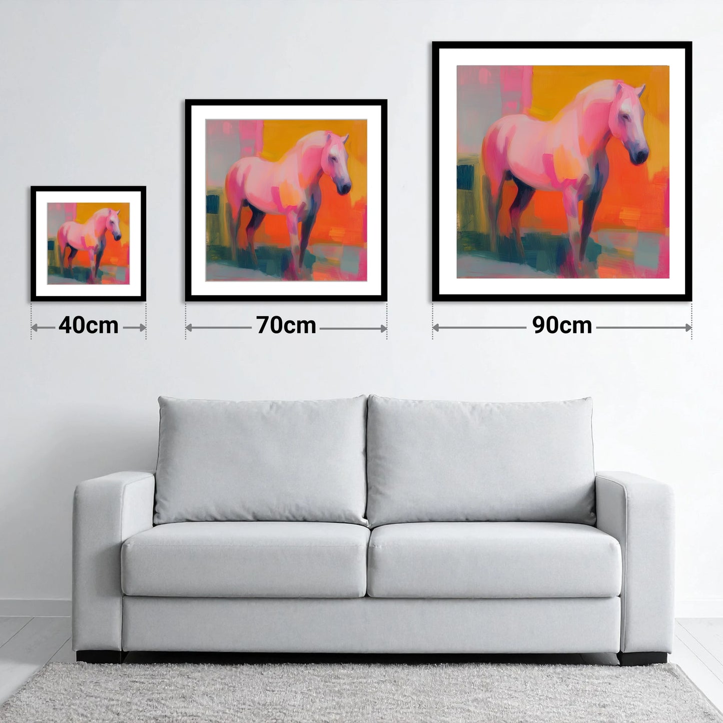 Fuchsia and Fire - size guide showing 40cm, 70cm and 90cm art prints