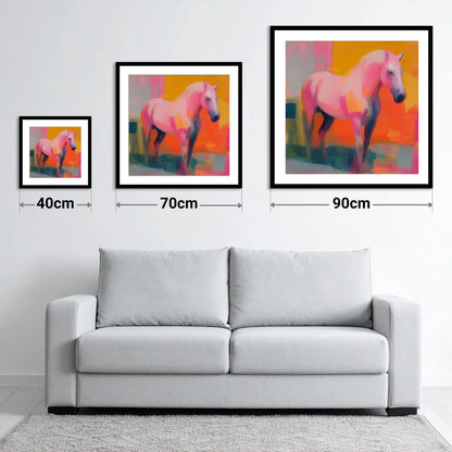 Fuchsia and Fire - size guide showing 40cm, 70cm and 90cm art prints