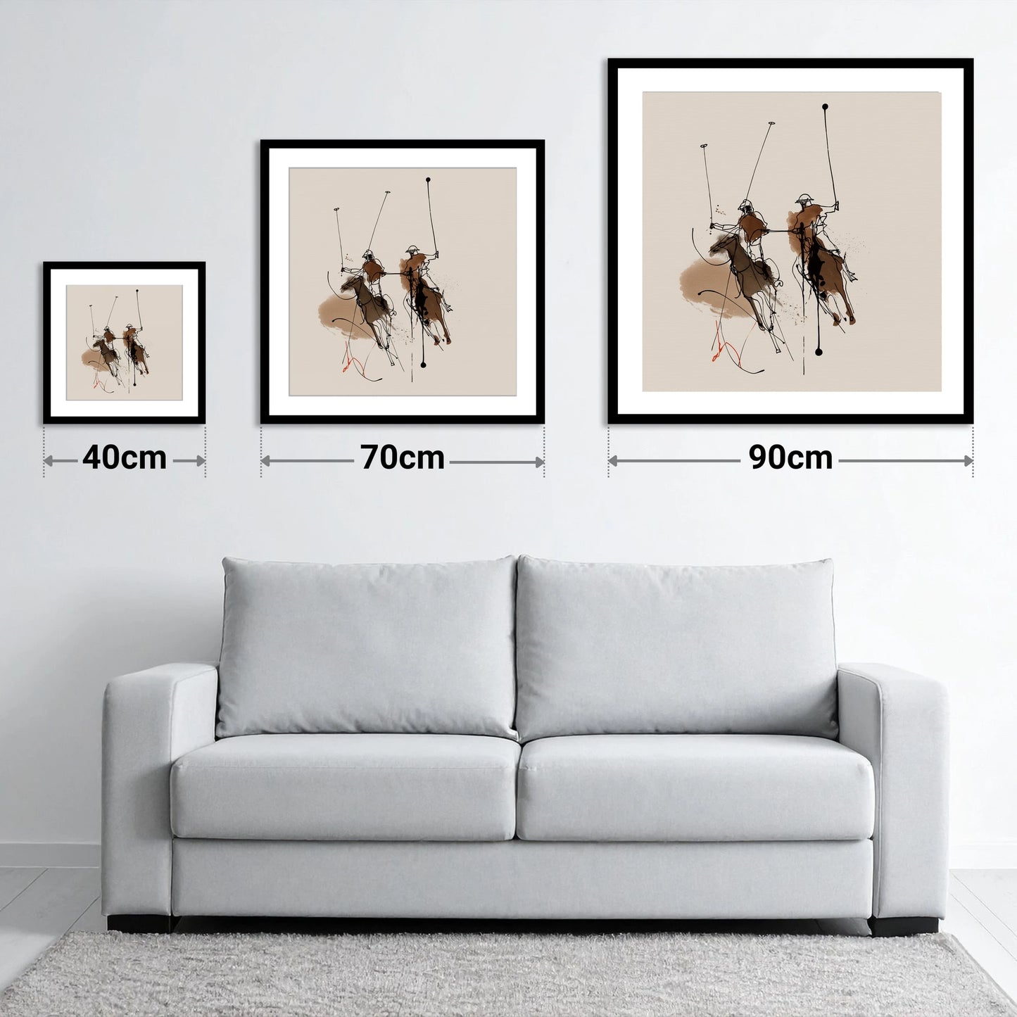 Dynamic Ride Off - size guide showing 40cm, 70cm and 90cm art prints