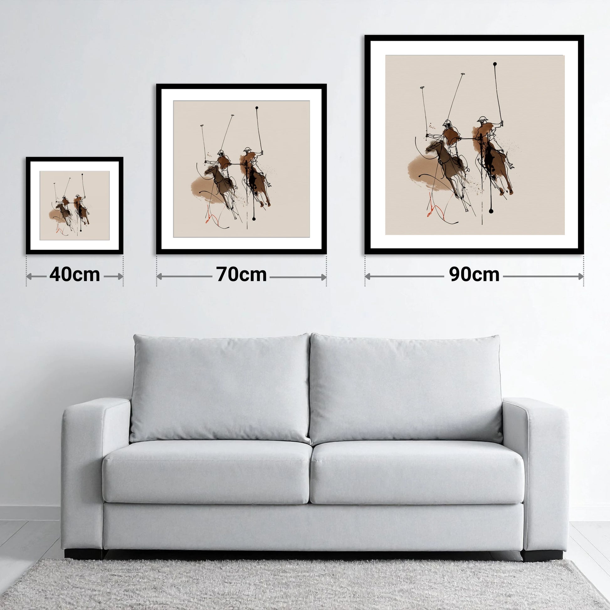 Dynamic Ride Off - size guide showing 40cm, 70cm and 90cm art prints