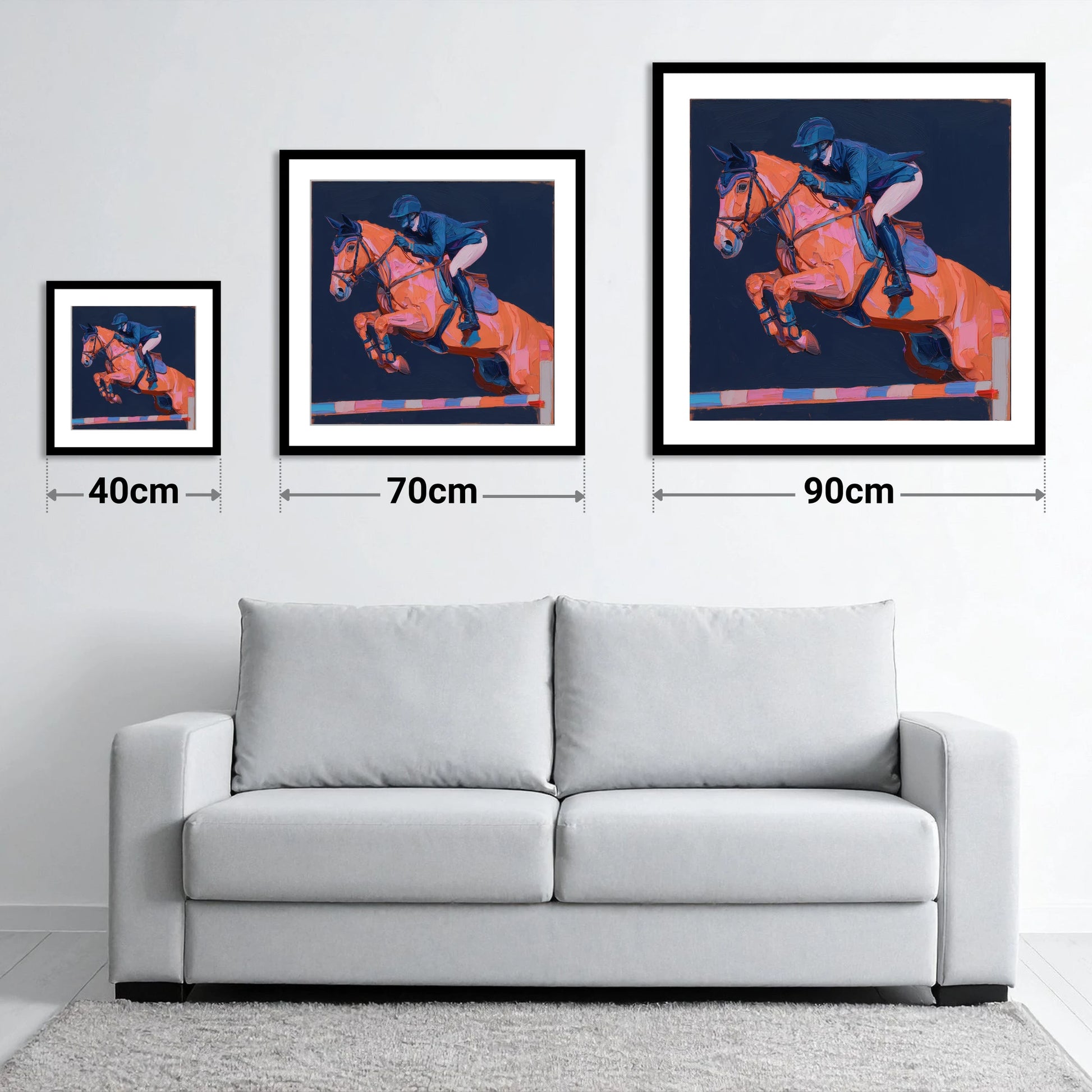 Vivid Flight - size guide showing 40cm, 70cm and 90cm art prints