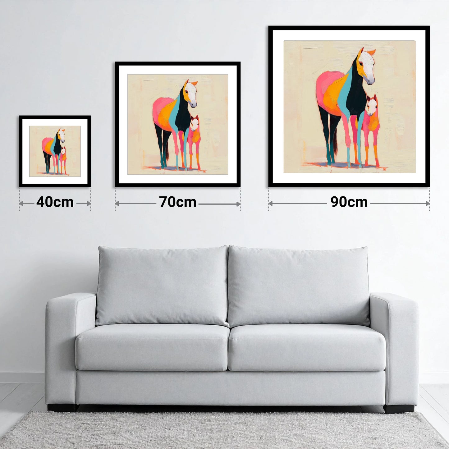 Vibrant Painted Bond - size guide showing 40cm, 70cm and 90cm art prints