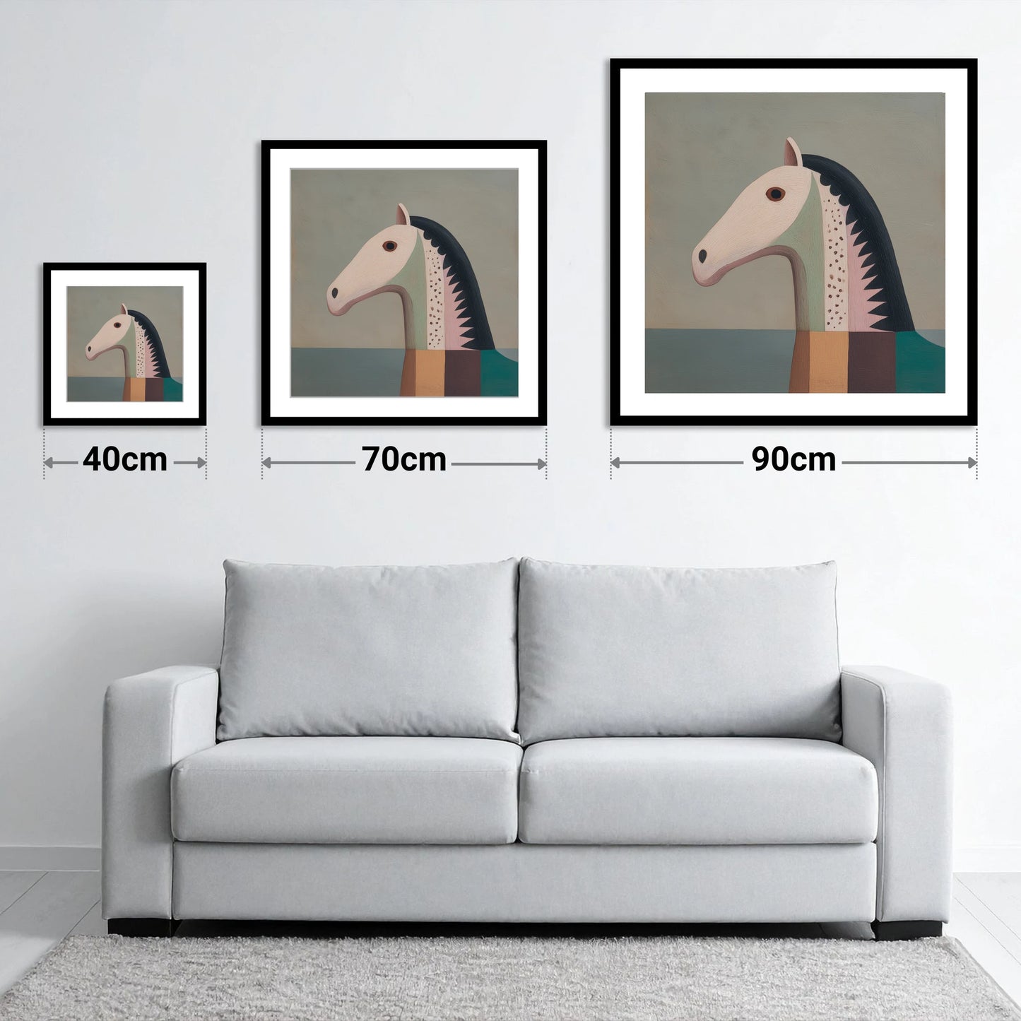 Stylised Equine Profile - size guide showing 40cm, 70cm and 90cm art prints