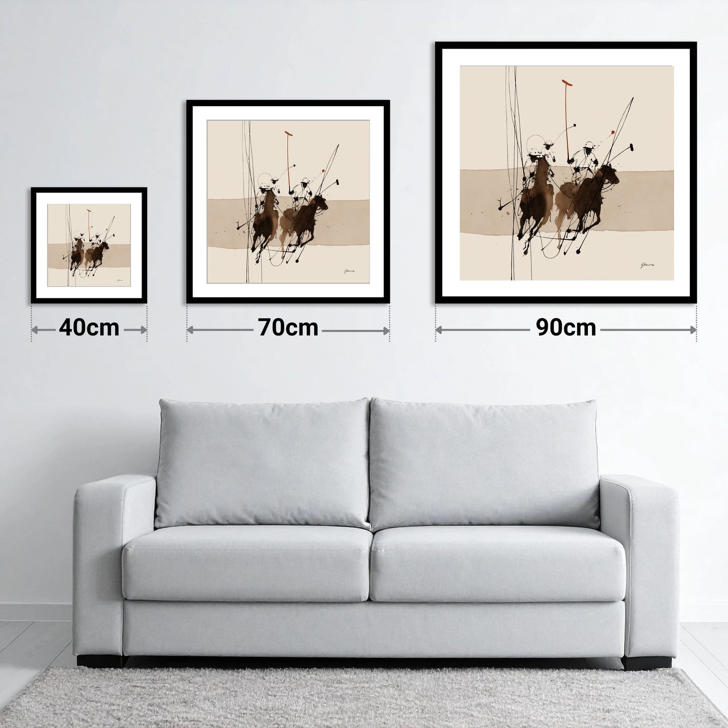 Polo in Motion - size guide showing 40cm, 70cm and 90cm art prints