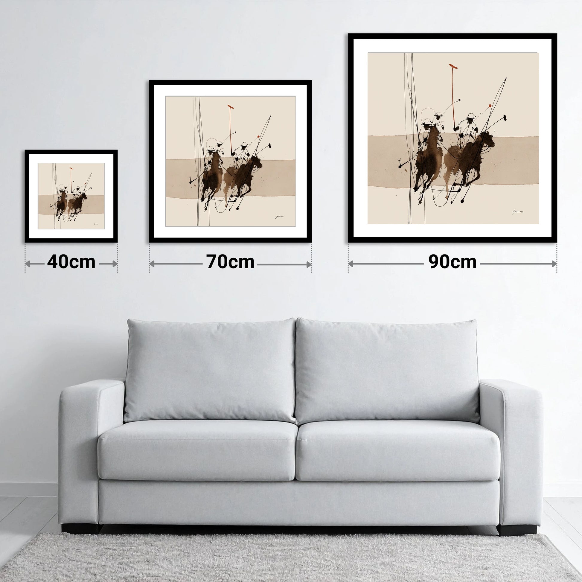 Polo in Motion - size guide showing 40cm, 70cm and 90cm art prints