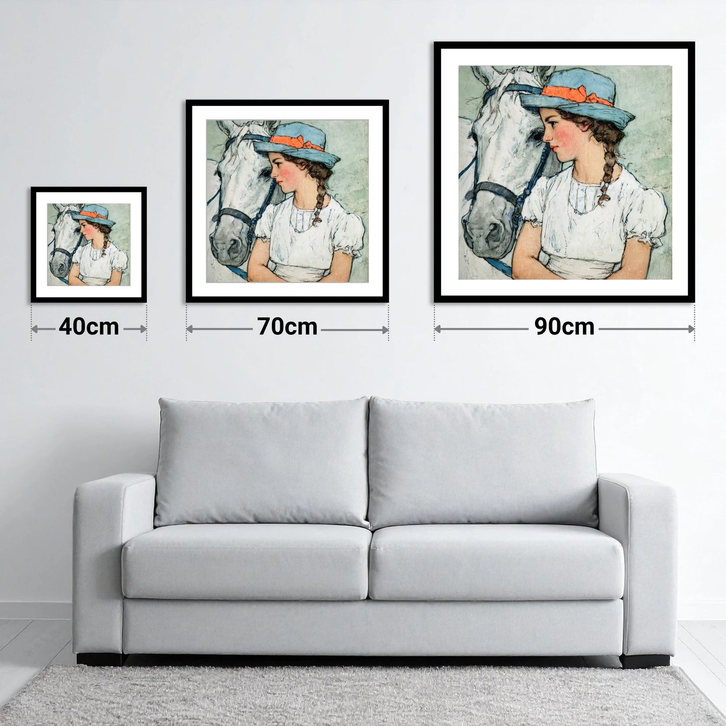A Quiet Bond - size guide showing 40cm, 70cm and 90cm art prints