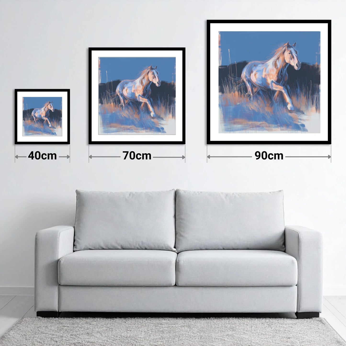Wanderer in Blue - size guide showing 40cm, 70cm and 90cm art prints