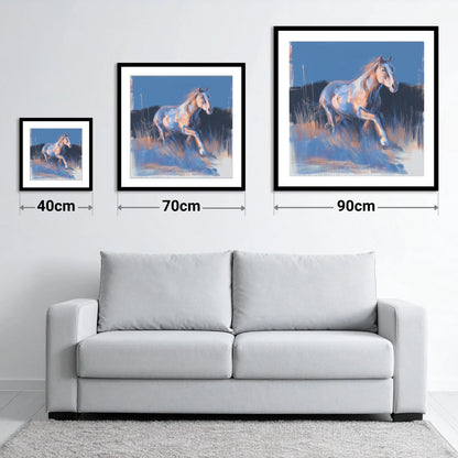 Wanderer in Blue - size guide showing 40cm, 70cm and 90cm art prints