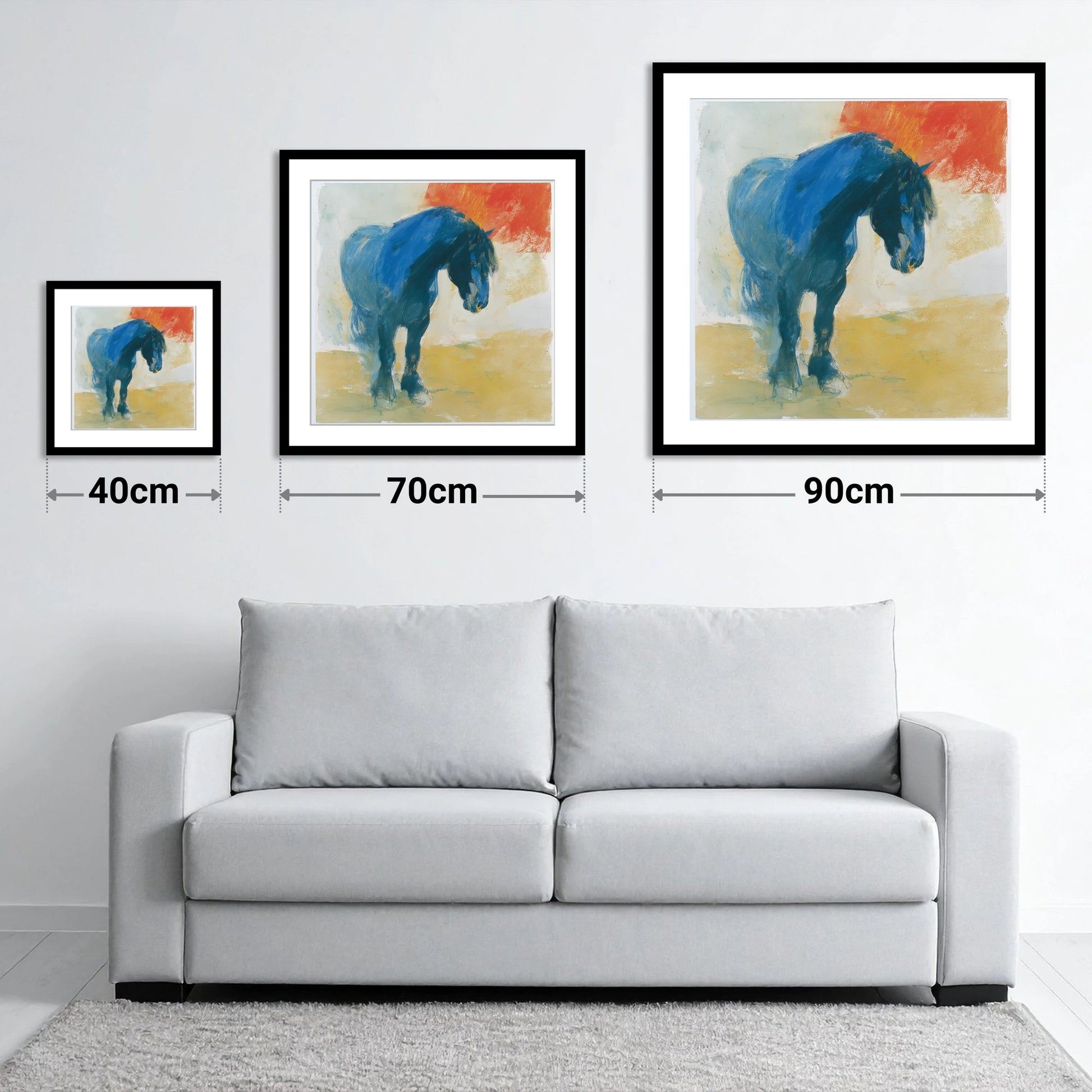 Vivid Cobalt Heavy Horse - size guide showing 40cm, 70cm and 90cm art prints