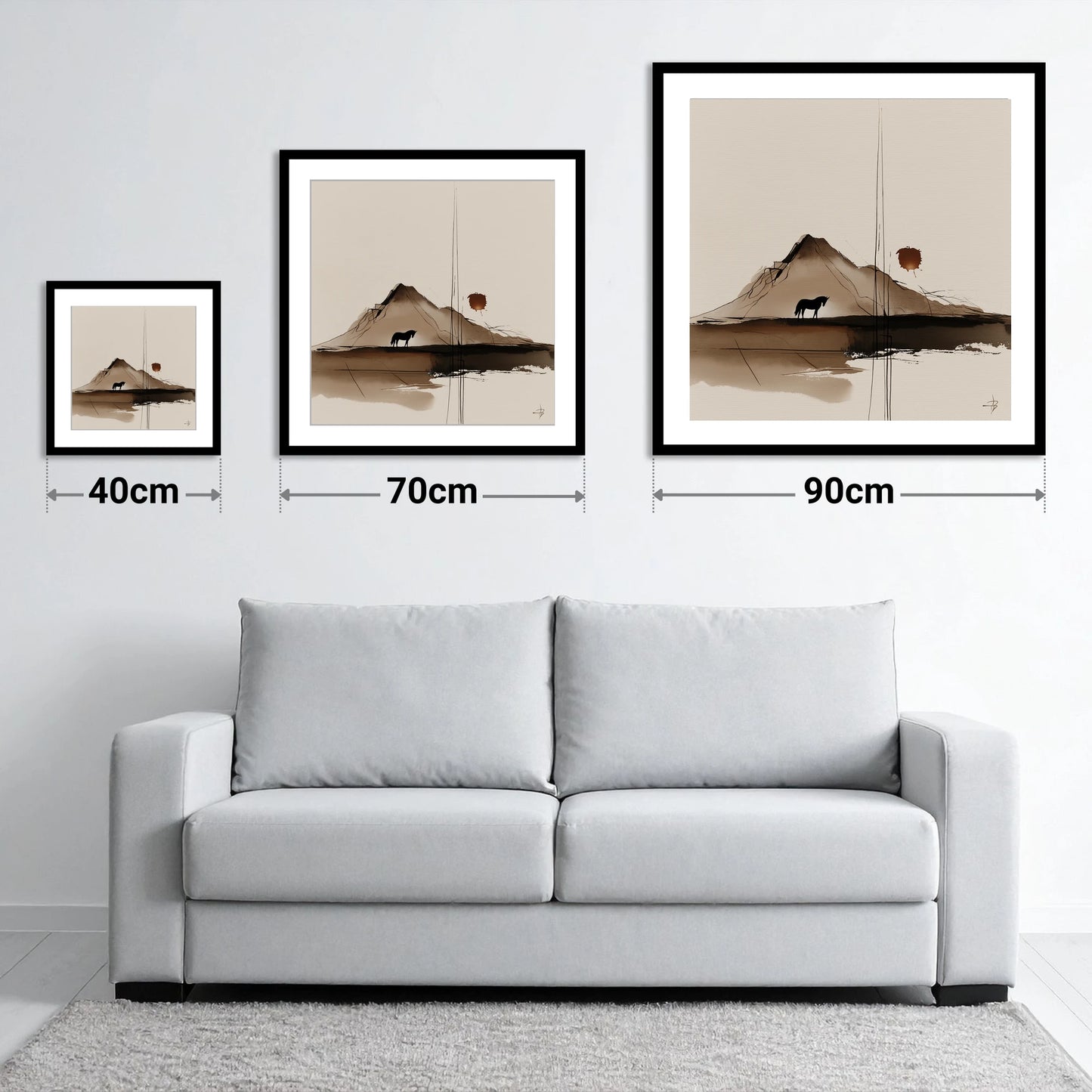 Quiet Mountain Silhouette - size guide showing 40cm, 70cm and 90cm art prints