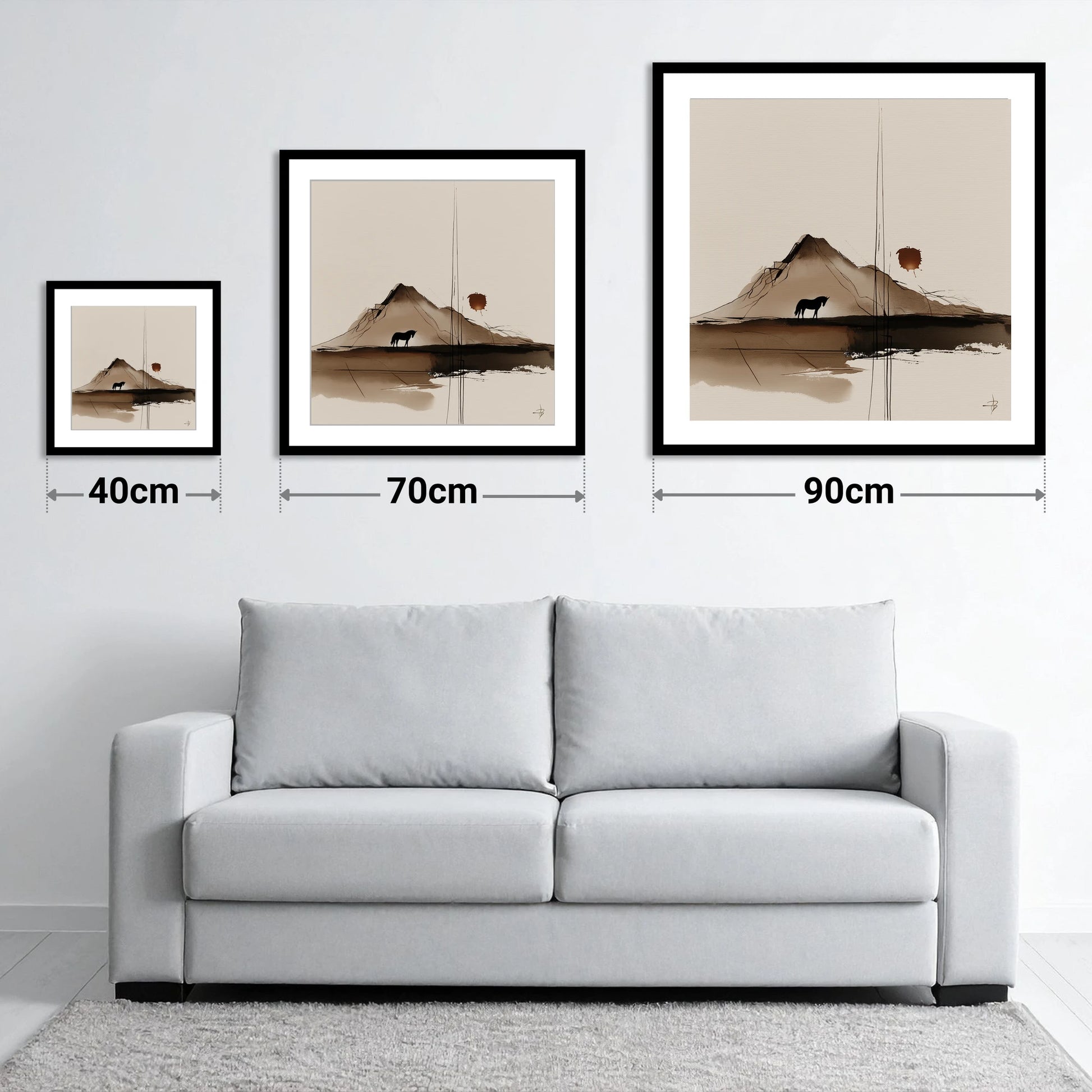 Quiet Mountain Silhouette - size guide showing 40cm, 70cm and 90cm art prints