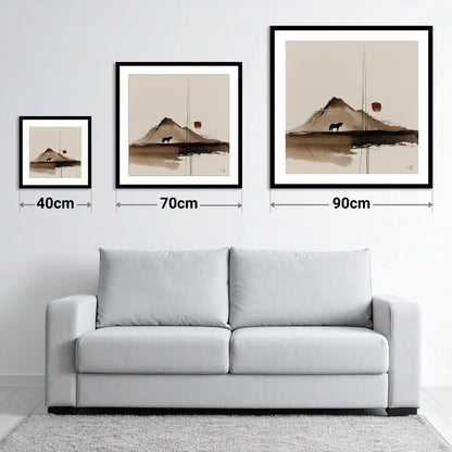 Quiet Mountain Silhouette - size guide showing 40cm, 70cm and 90cm art prints