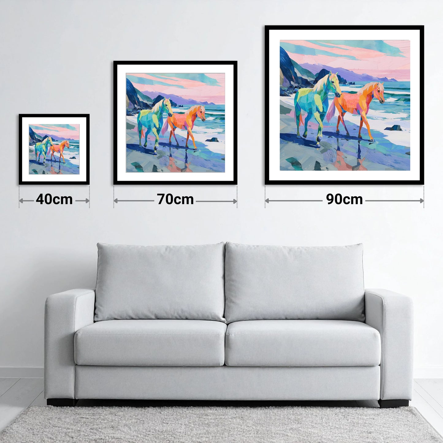 Vivid Coastal Companions - size guide showing 40cm, 70cm and 90cm art prints