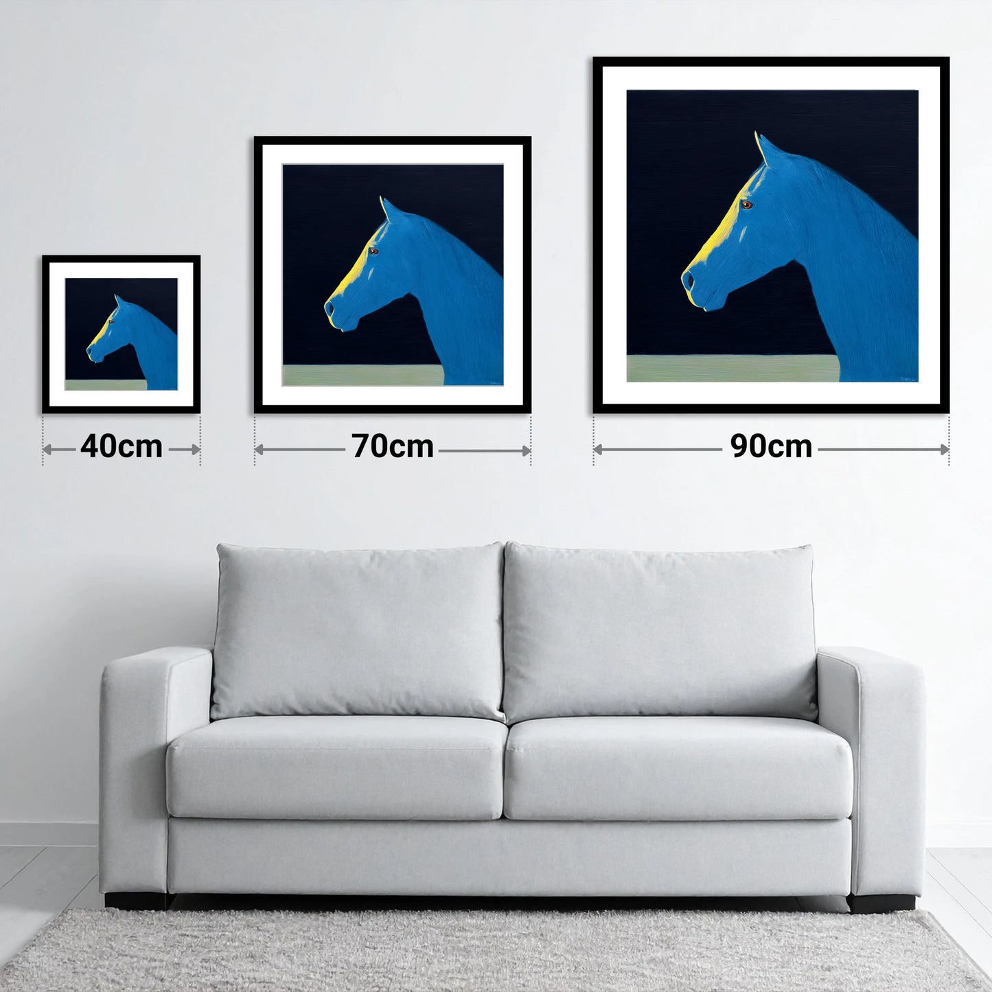 Striking Azure Profile - size guide showing 40cm, 70cm and 90cm art prints