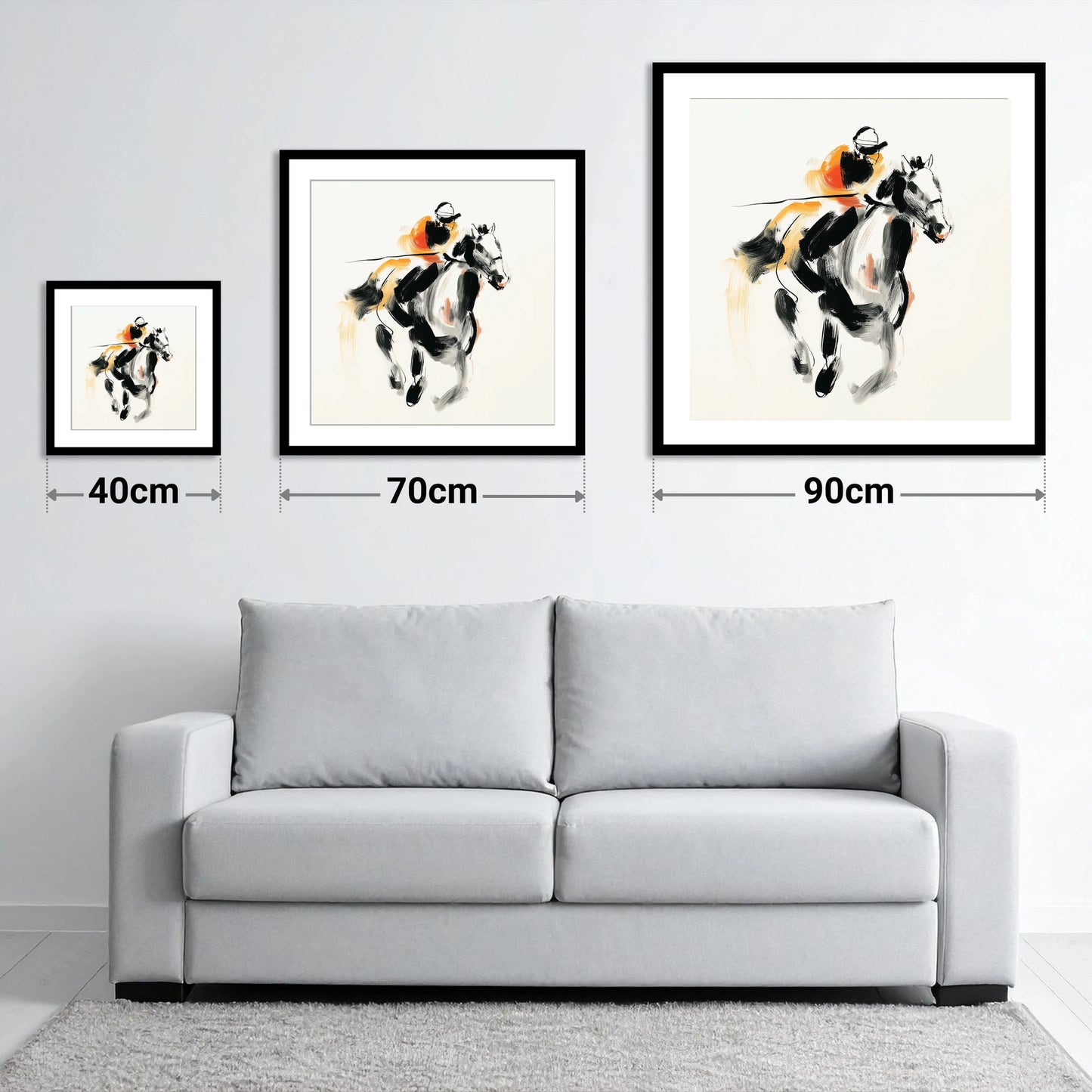Flash of Amber - size guide showing 40cm, 70cm and 90cm art prints
