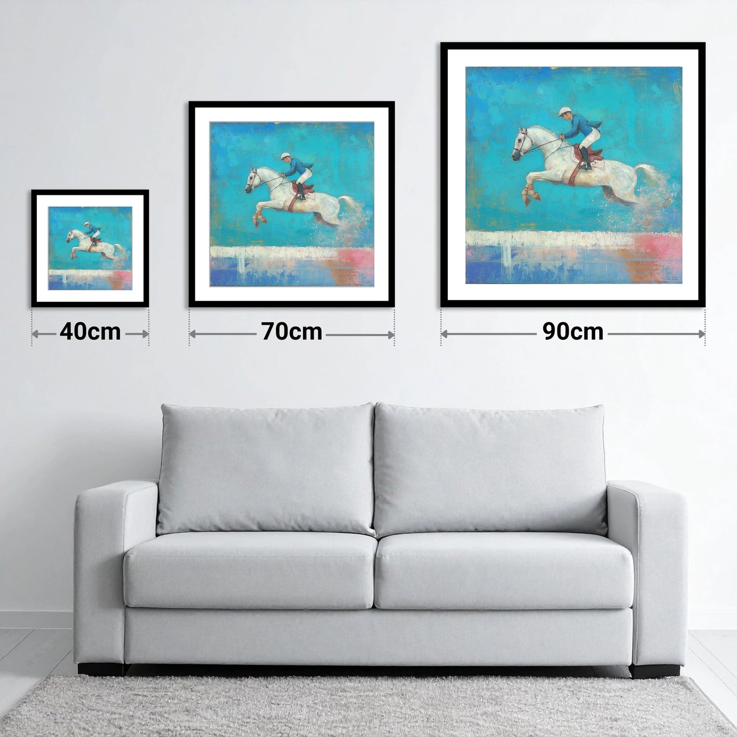 Flight in Turquoise - size guide showing 40cm, 70cm and 90cm art prints