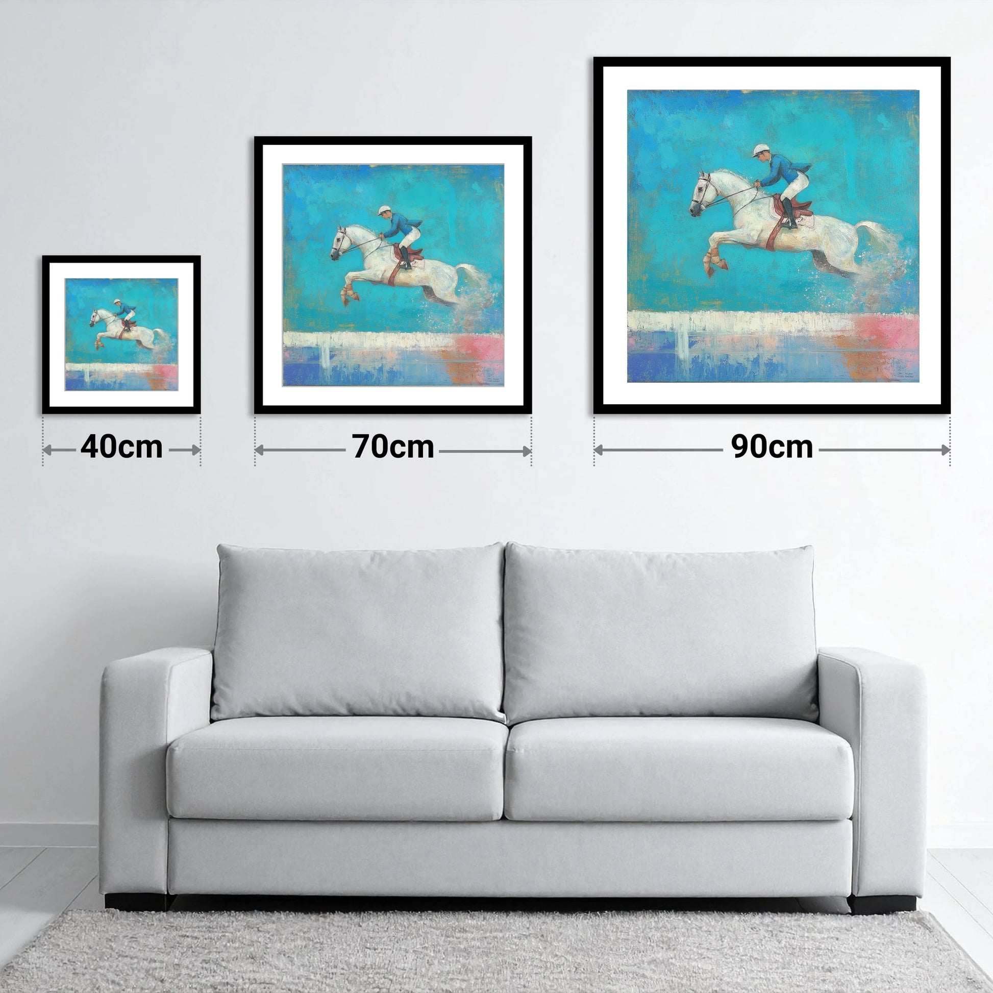 Flight in Turquoise - size guide showing 40cm, 70cm and 90cm art prints