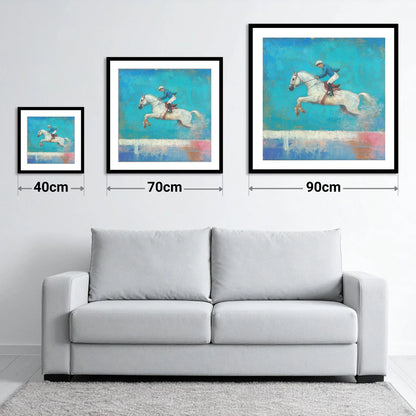 Flight in Turquoise - size guide showing 40cm, 70cm and 90cm art prints