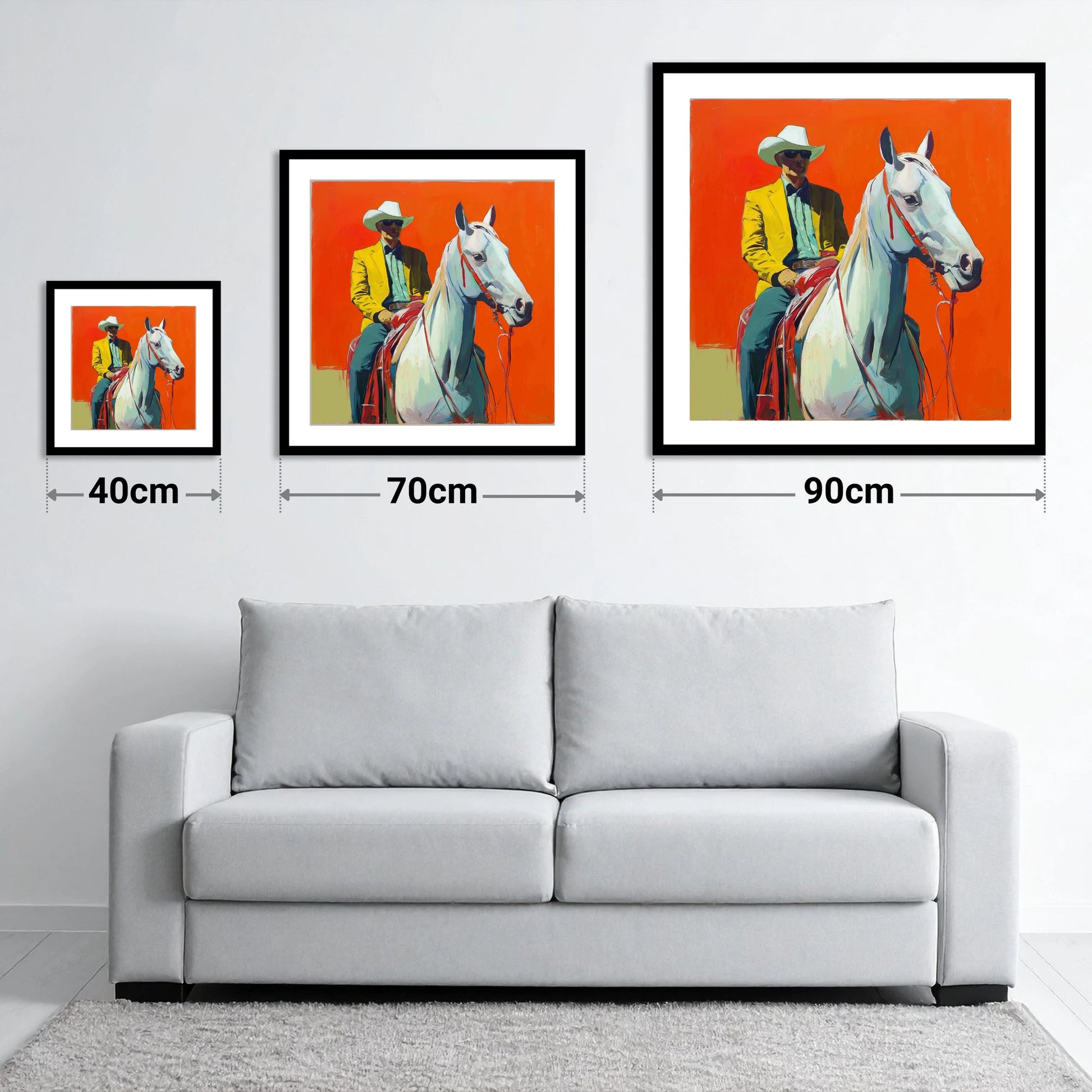 The Bright Frontier - size guide showing 40cm, 70cm and 90cm art prints