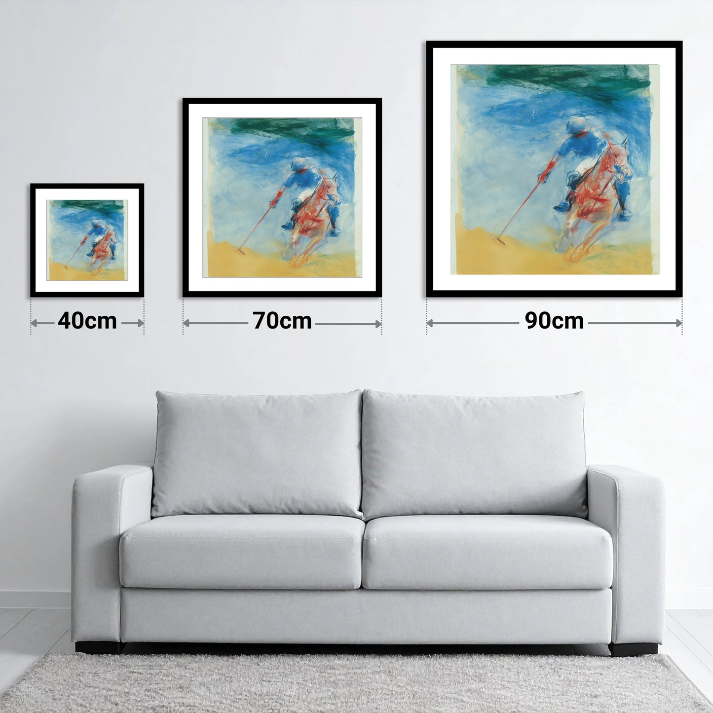 Velocity in Cerulean - size guide showing 40cm, 70cm and 90cm art prints