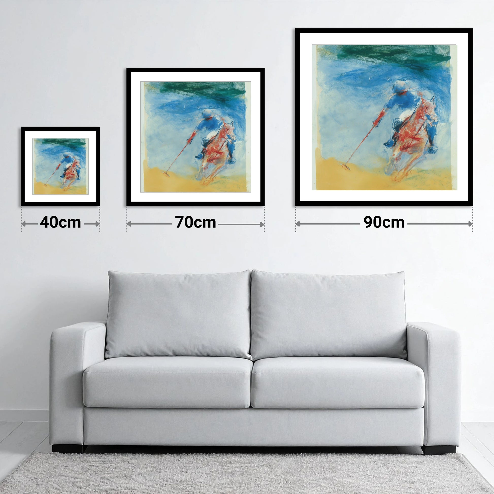 Velocity in Cerulean - size guide showing 40cm, 70cm and 90cm art prints