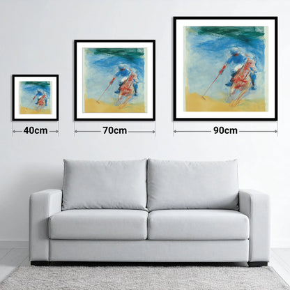 Velocity in Cerulean - size guide showing 40cm, 70cm and 90cm art prints