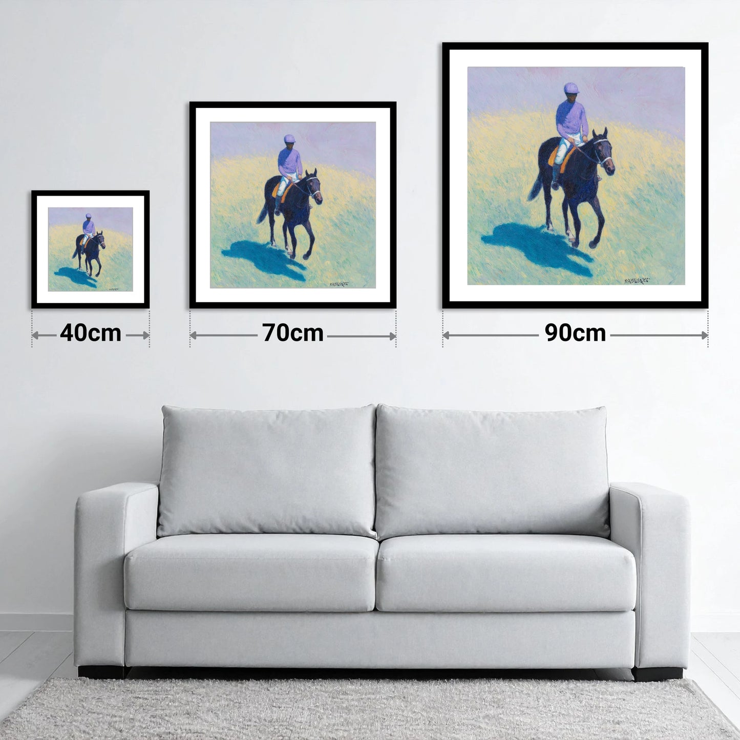 Morning on the Gallops - size guide showing 40cm, 70cm and 90cm art prints