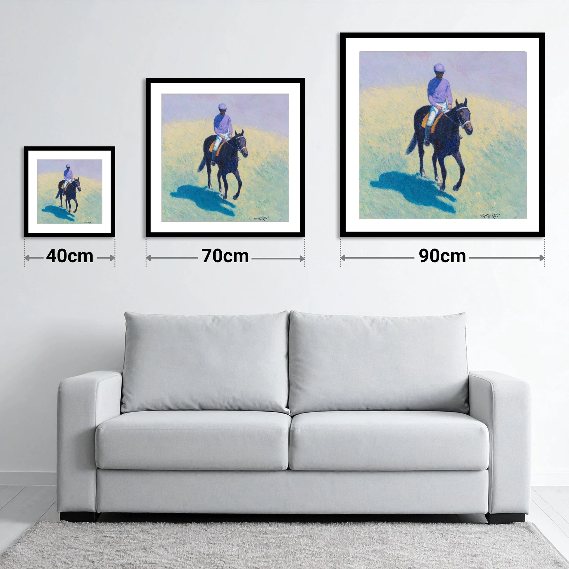 Morning on the Gallops - size guide showing 40cm, 70cm and 90cm art prints