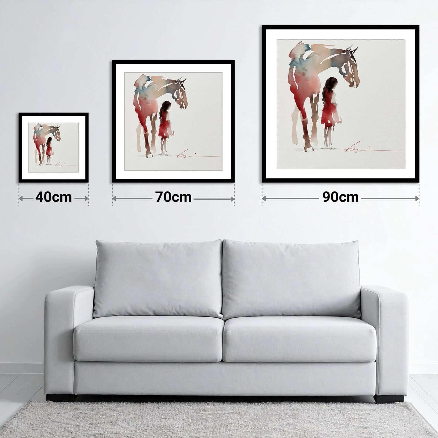 Silent Bond - size guide showing 40cm, 70cm and 90cm art prints
