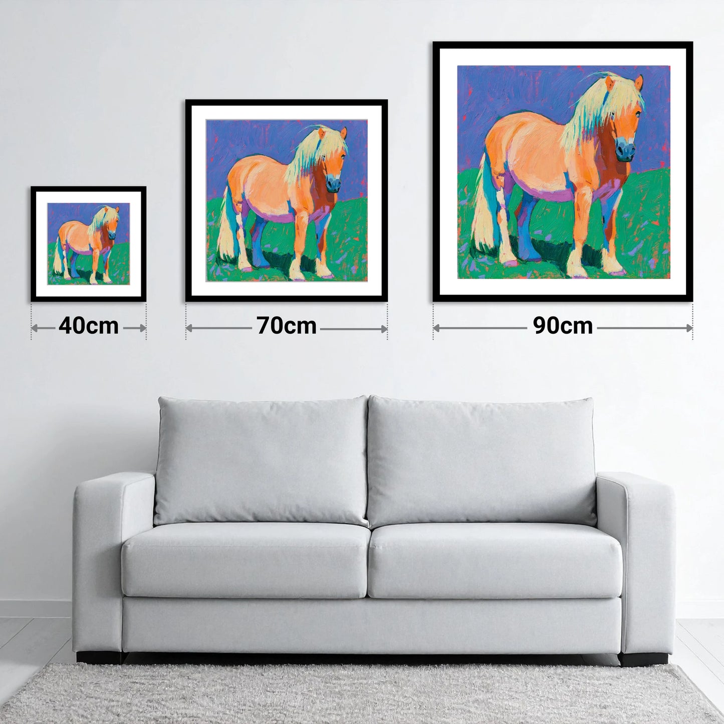 Vibrant Chestnut Pony Portrait - size guide showing 40cm, 70cm and 90cm art prints