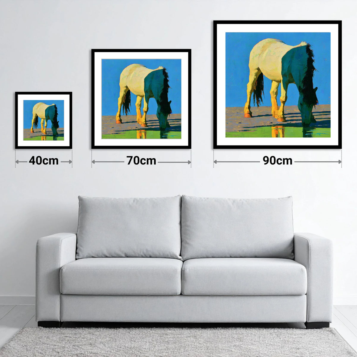 Horse Drinking in Vibrant Light - size guide showing 40cm, 70cm and 90cm art prints