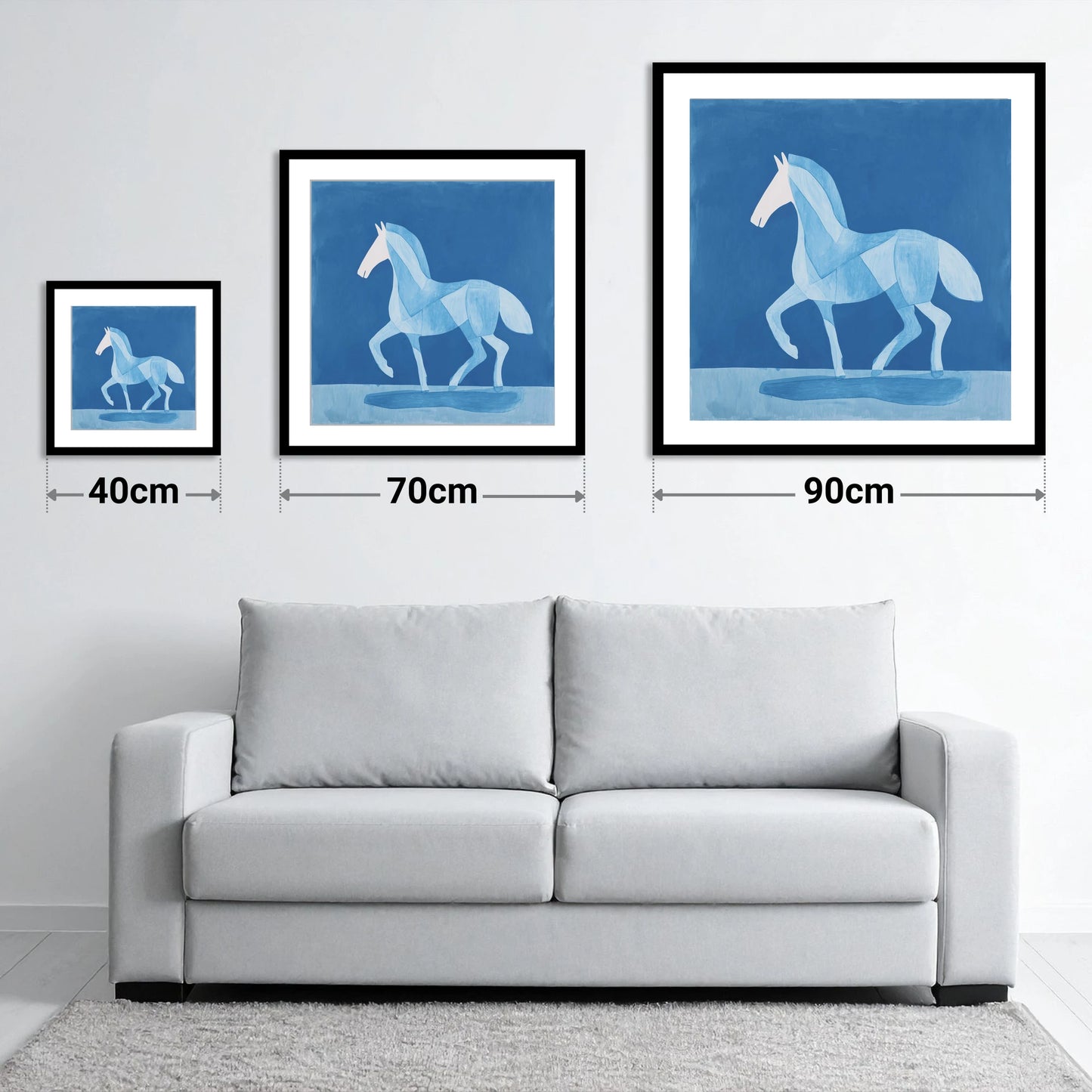 Ice Blue Cadence - size guide showing 40cm, 70cm and 90cm art prints