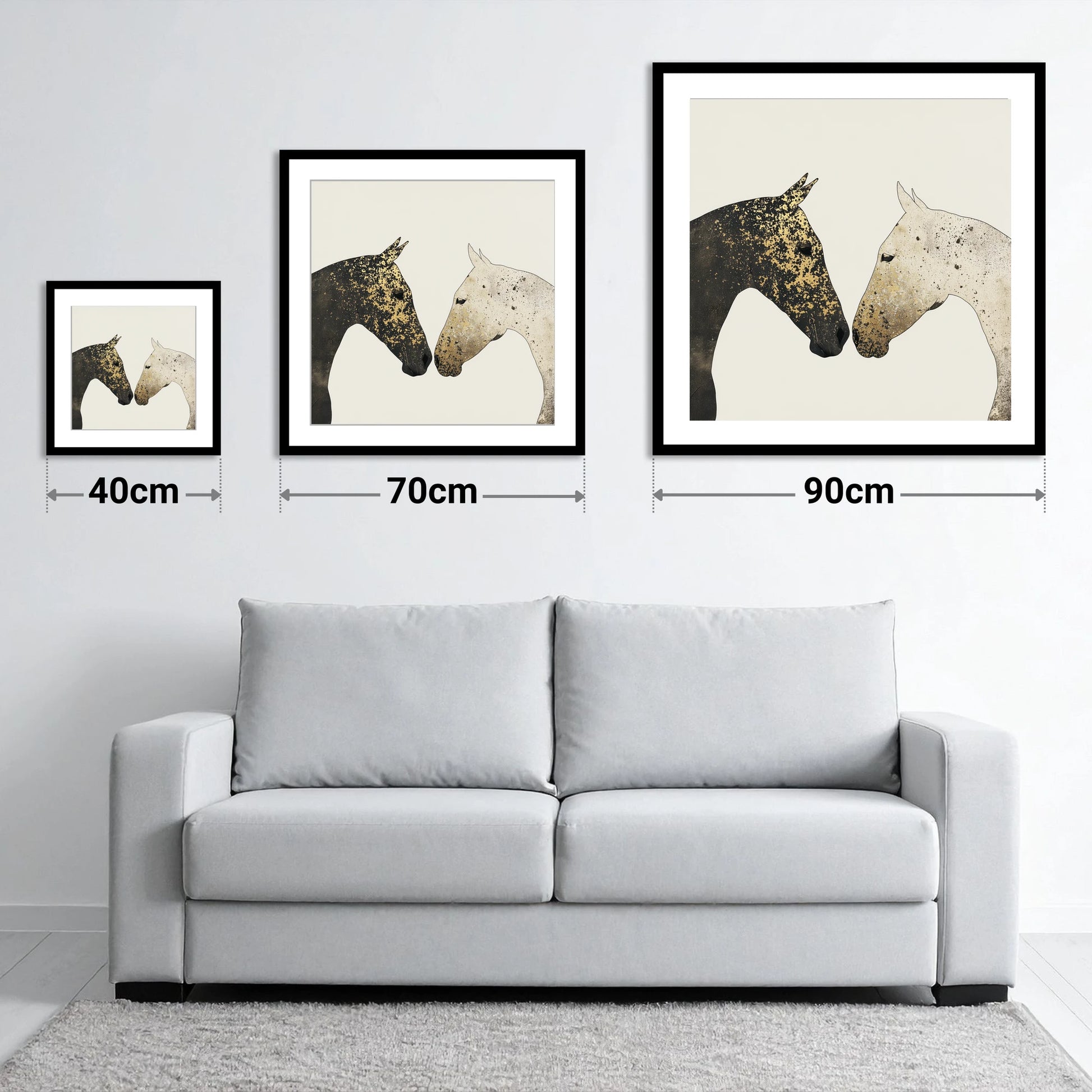 Gilded Encounter - size guide showing 40cm, 70cm and 90cm art prints