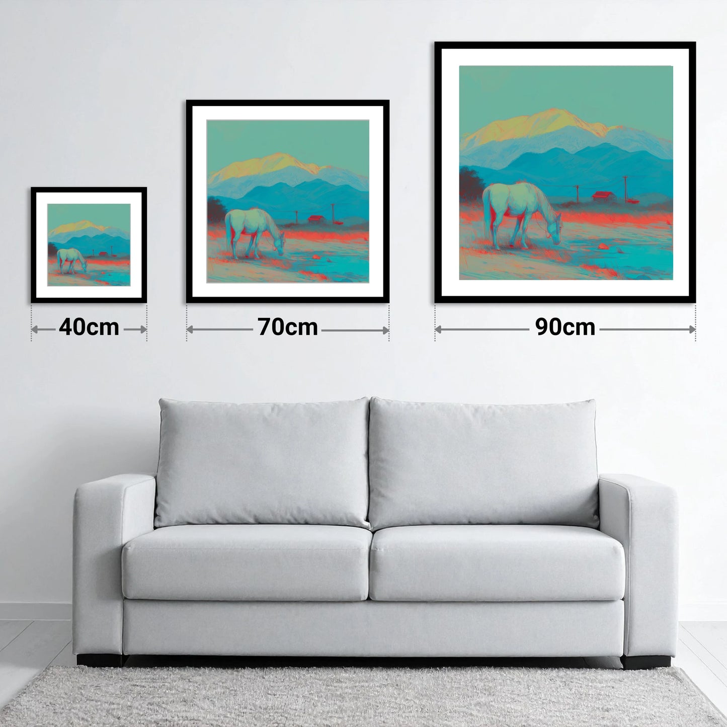 Electric Mountain Grazing - size guide showing 40cm, 70cm and 90cm art prints