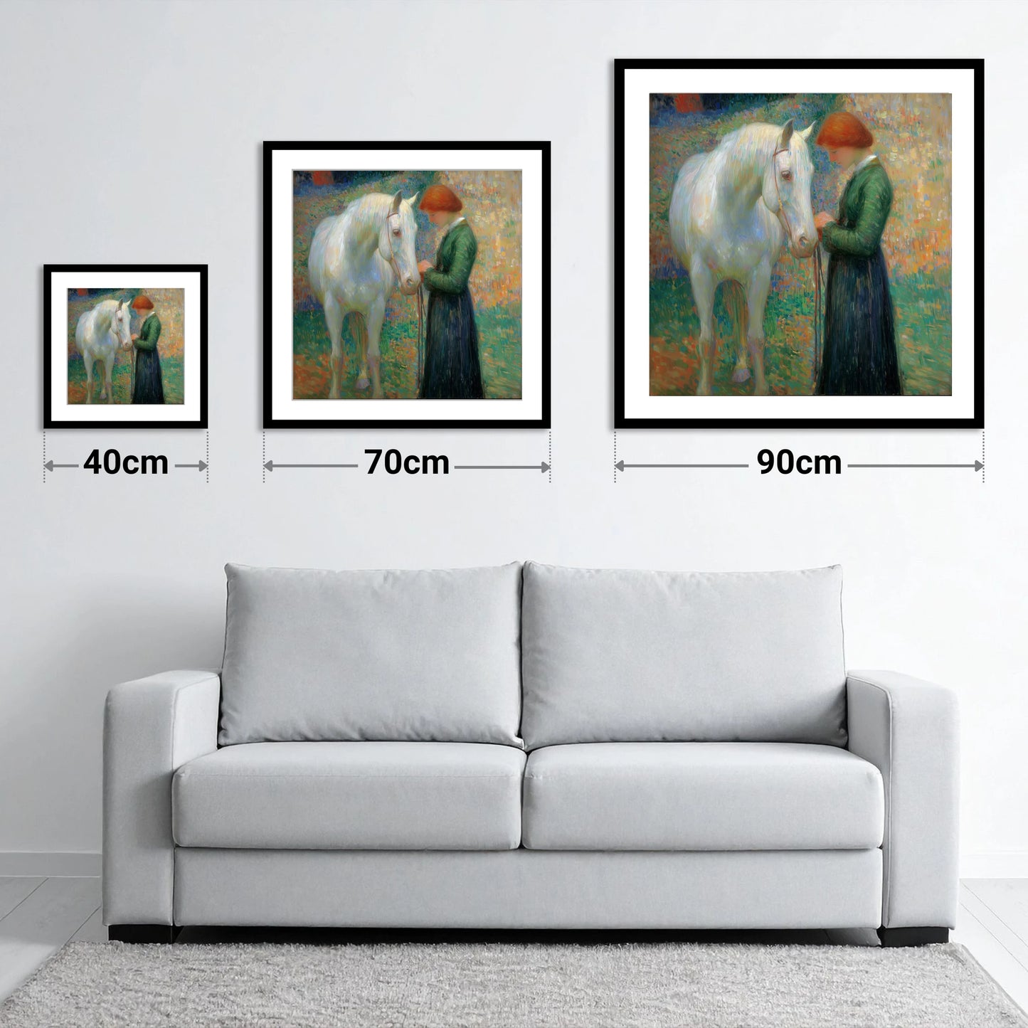 The Quiet Bond - size guide showing 40cm, 70cm and 90cm art prints