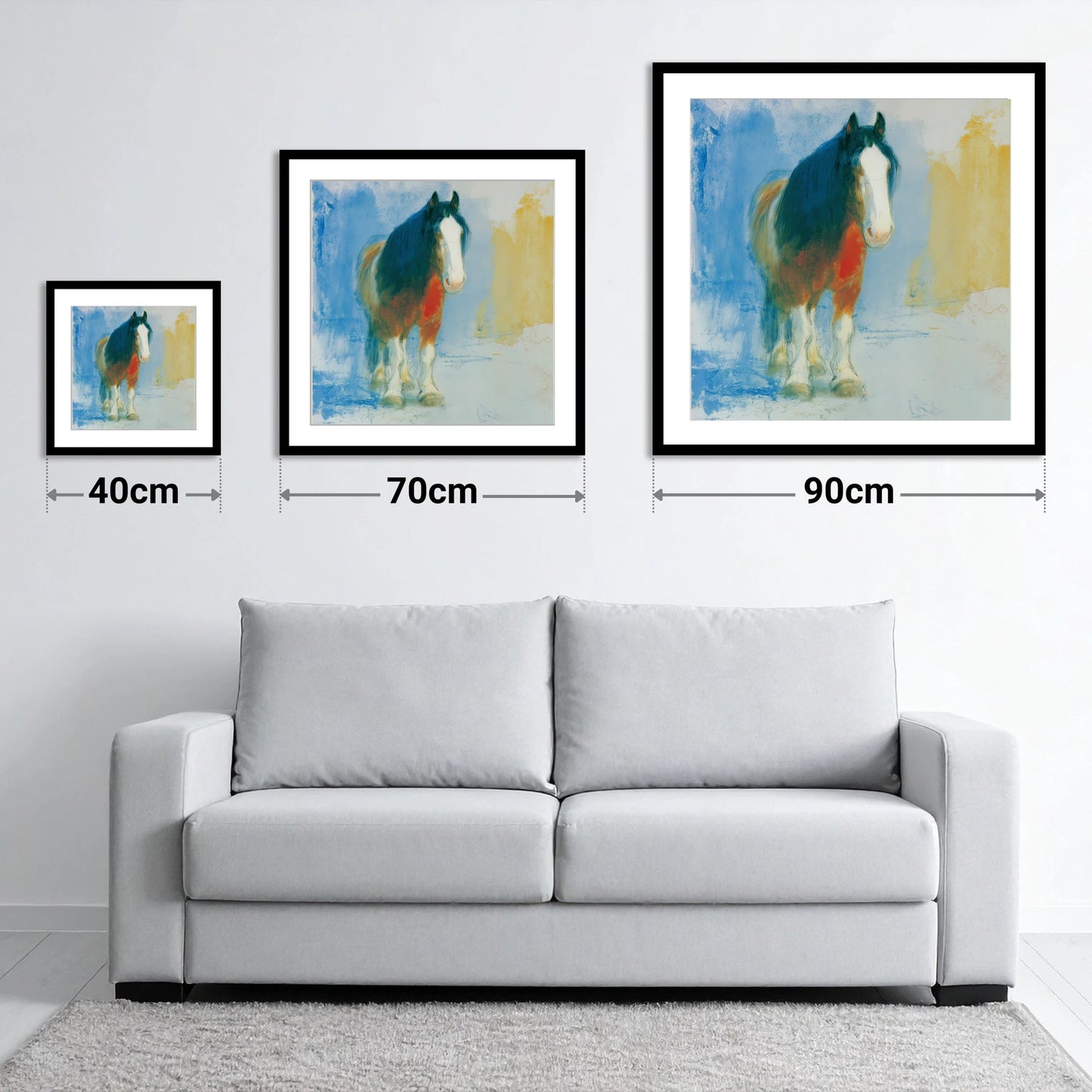 Ethereal Heavy Horse - size guide showing 40cm, 70cm and 90cm art prints